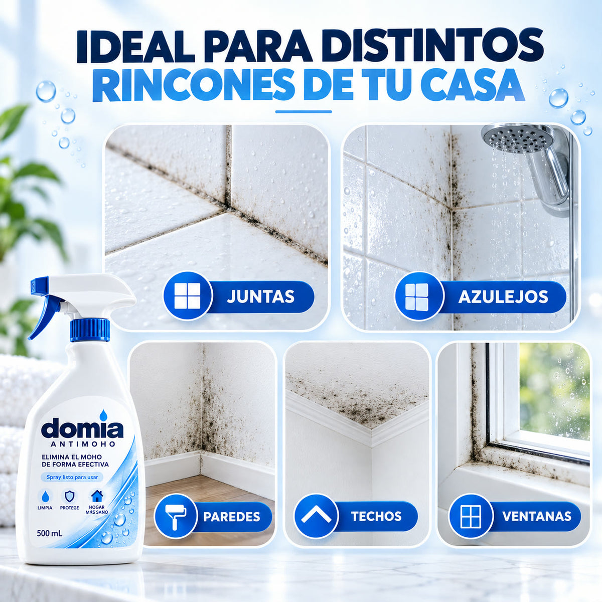 Superficies recomendadas: juntas, azulejos, paredes, techos y ventanas
