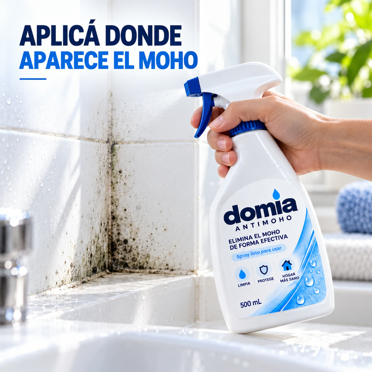 Aplicación de DOMIA sobre moho en azulejos del baño