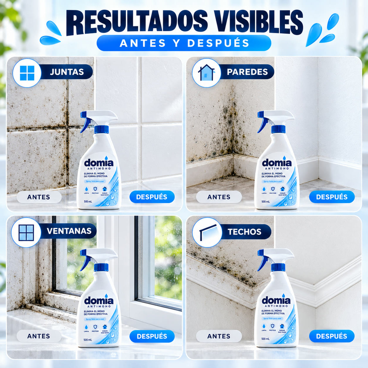 Ilustración de antes y después en juntas, paredes, ventanas y techos